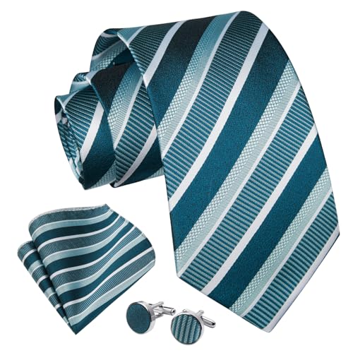 Image of Enlision Mens Ties Stripe Tie and Pocket Square Set Classic Formal Woven Neckties Handkerchief Cufflinks Wedding