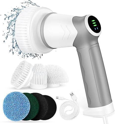 Electric Cleaning Brush Set,Portable Electric Spin Scrubber with 5 Deep Drill Brush Heads, Rechargeable Shower Brush with Speed/Power Display,Cleaning Gadgets for Bathroom Car Tile Floor Bathtub
