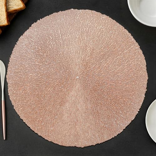 Image of Yellow Weaves 2 Pcs PVC Circle Weave Design Table Placemat, Dining Table Mat, Anti-Skid, Washable, Dining, Kitchen, Restaurant Table Set Easy to Clean, Durable (Rose Gold)