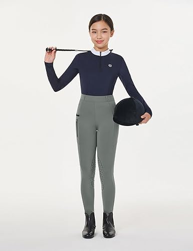 Miniatura 6 de baleaf Pantalones de equitación para niñas, pantalones ecuestres con trabillas para cinturón, parche en la rodilla, mallas escolares juveniles con