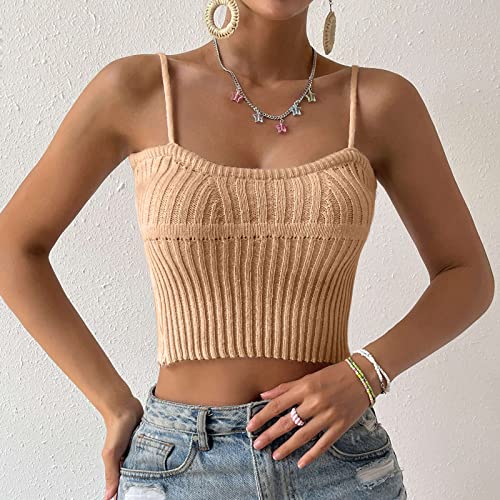 Byoimud Womens Trendy Knit Ribbed Bustier Camisole Casual Sexy Sleeveless Spaghetti Strap Crop Tank Tops Beach Loose Cami Top #TOP1