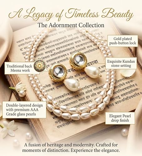 Image of Mansiyaorange Double Layered Glass Pearl Mala Neckalce with Kundan Earrings Jewelry Set