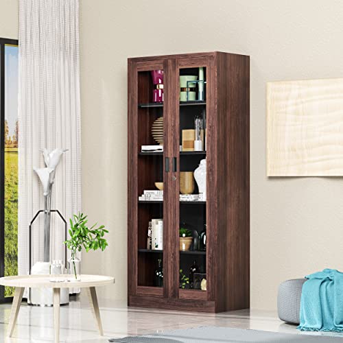 Afaif 71" Curio Cabinet Glass Display Cabinet With 4 Adjustable Shelves, Tall Bookshelf Bookcase With Glass Doors, Lockable Metal Storage Cabinet Modern Liquor Cabinet For Home Office Pantry Bathroom #TOP4