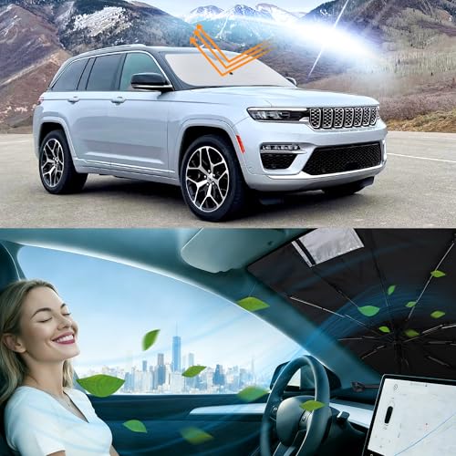 Image of Windshield Sun Shade Umbrella for 2021-2025 Jeep Grand Cherokee L | Full covered for windshield, Block UV Rays, Heat Reduction, Easy to install, Durable & Fold Up Small