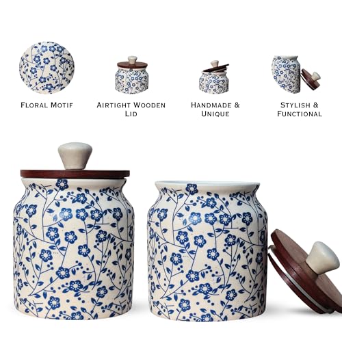 Image of Vistas 'Heritage Blue' Airtight 420ml Set of 3 Ceramic Jar for Kitchen Storage | Handcrafted Ceramic Barni with Wooden Lid | Multipurpose Pickle, Spice & Salt Container