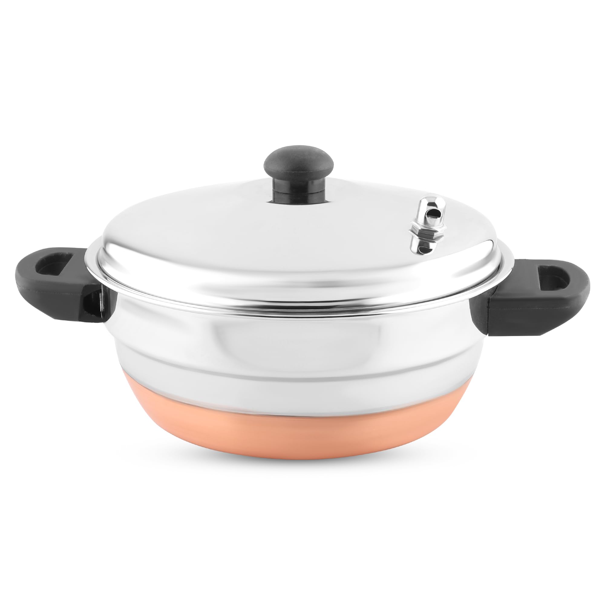 Multi Kadai de acero inoxidable con silbato, vaporera y base de cobre para idli 1