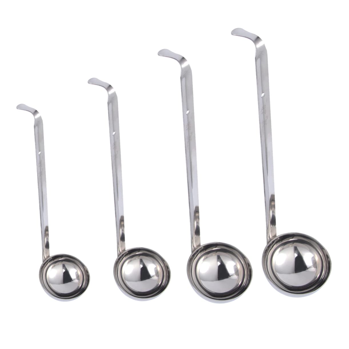 Set di 4 Mestoli da Zuppa in Acciaio Inossidabile Gancio, Manico e Resistente, Capacità da 30 a 120, per Cucinare e Servire in Cucina
