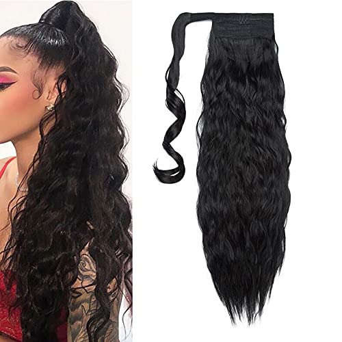 50cm Extension de cheveux Naturels Queue de cheval Wrap Around Pâte magique Ponytail vague de maïs Postiche Noir foncé Cover