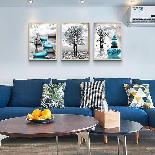 Natural Wood Framed Canvas Wall Art for Living Room Large Size Wall Decor for Bedroom Blue Abstract Wall Pictures Black and White Paintings OfficeWall Decoration Modern Home Decor Framed Art Prints