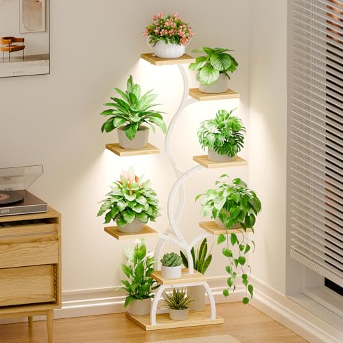 BACEKOLL Pflanzenständer mit Wachstumslicht - 8 Ebenen Blumenständer 124cm Metall Holz Pflanzenregal - Innen & Außen Blumentreppe - Dekoratives Schwarz Blumenregal für Indoor Garten Balkon Weiß