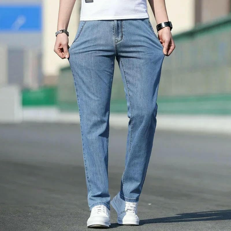 Summer Men's Jeans Casual Stretch Straight-Leg Denim Pants Male Light Blue Mens Trousers4