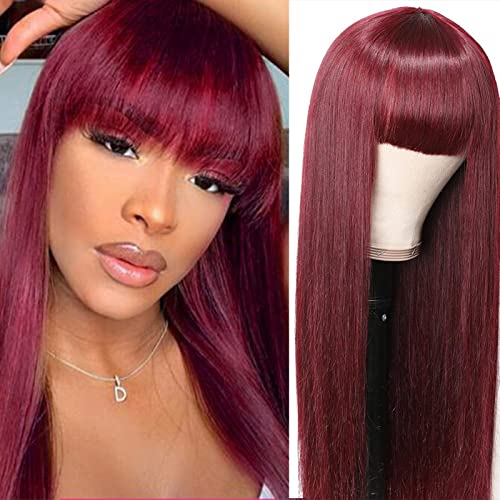 DÉBUT 99J Silky Straight Human Hair Wig with Bangs, Burgundy Non Lace Front Glueless Wigs for Women Brazilian Remy Hair Wine Red Color 24 Inch