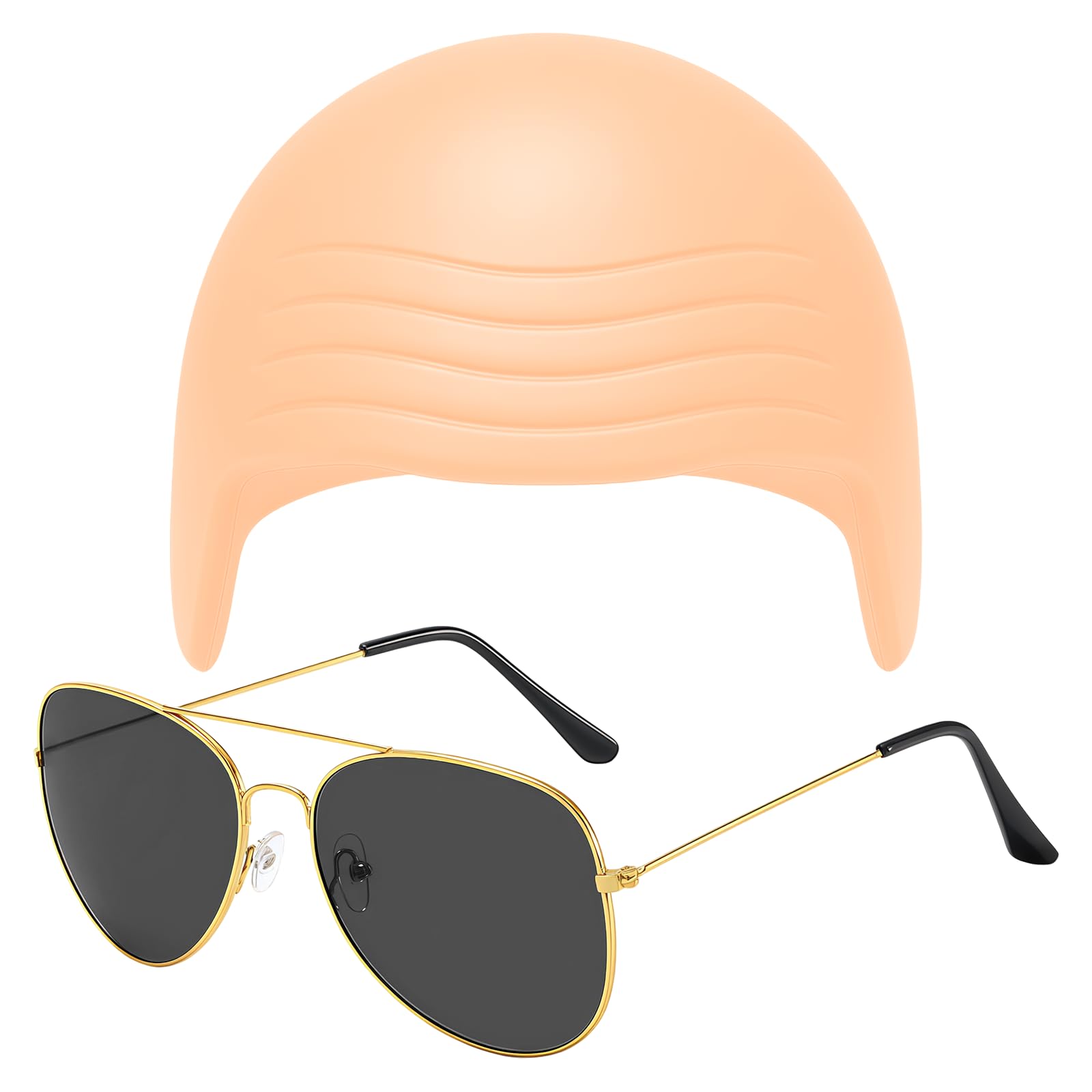 AOVNA Bald Cap Set Nude Latex Wig Cap Gold Sunglasses Black Hair Net Costume Accessory Kit for Adults Men Women Halloween Cosplay Stage Performance Fancy Dress