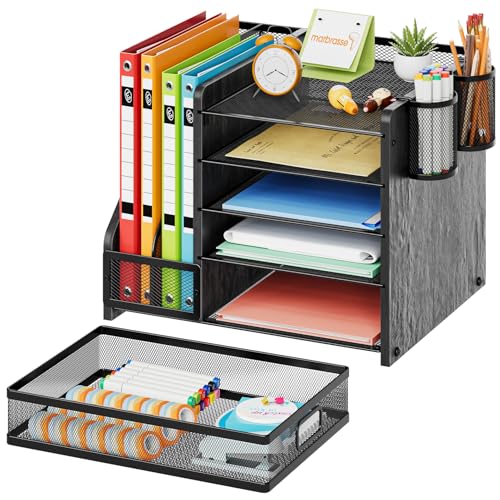 Image of Marbrasse Desk Organizer with File Holder, 5-Tier Paper Letter Tray Organizer with Drawer and 2 Pen Holder, Mesh Desktop Organizer and Storage with Magazine Holder for Office Supplies (Wood-Black)