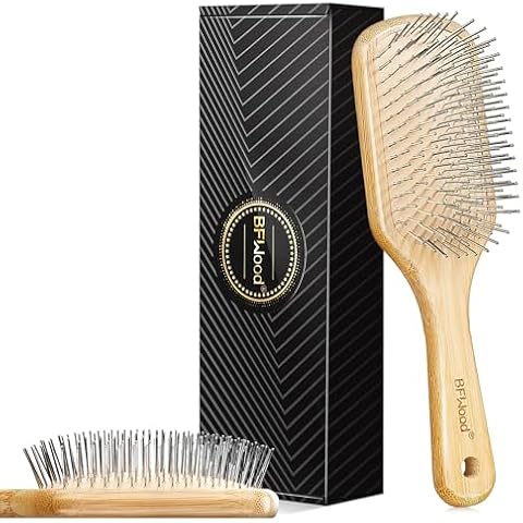 BFWood Bamboo Hair Brush with Steel Bristles, Help Hair Growth and Massaging Scalp Cover