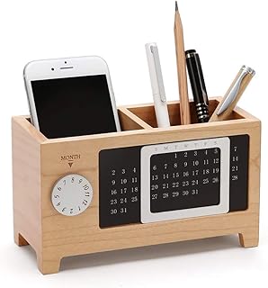 ペン立て 収納ケース 木製 ペンスタンド 万年カレンダー 多機能オフィス文具(メープル)