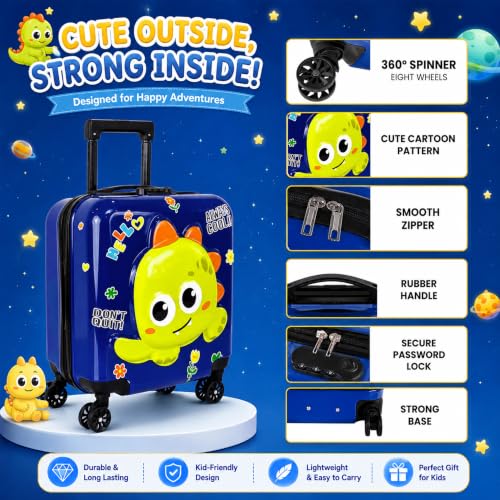 Image of Storite 18In Kids Luggage Trolley Hard Shell Cabin Suitcase | Cartoon Dinosaur Design Suitcase Ideal For School Trips Vacations Holidays And Weekend Travel (Navy Blue - 35 x 23 x 38 Cm)