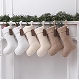 Shinymoon 6 Pcs 18 Inch Neutral Plush Faux Fur Christmas Stockings Large Personalized Rustic Sherpa Luxury Fuzzy Stocking White Brown Beige Xmas Fireplace Stockings with Wooden Tags Farmhouse Decor