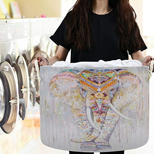 Image of visesunny Storage Basket Indian Painted Elephant Spotted Nursery Hamper Basket Clothes Toy Storage Organizer Bin Box Collapsible Laundry Bag for Kid Room,Playroom,Bathroom,Living Room,Dorm,Office