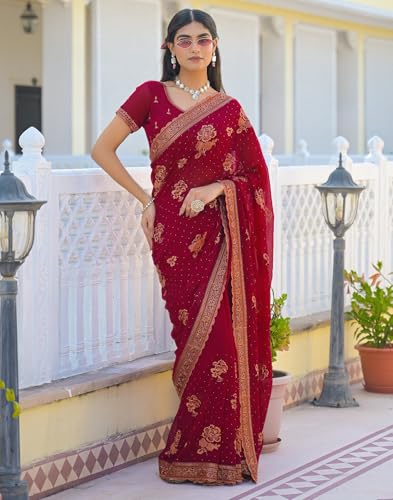 Image of SIRIL Women's Georgette Embroidery Saree With Unstitched Blouse