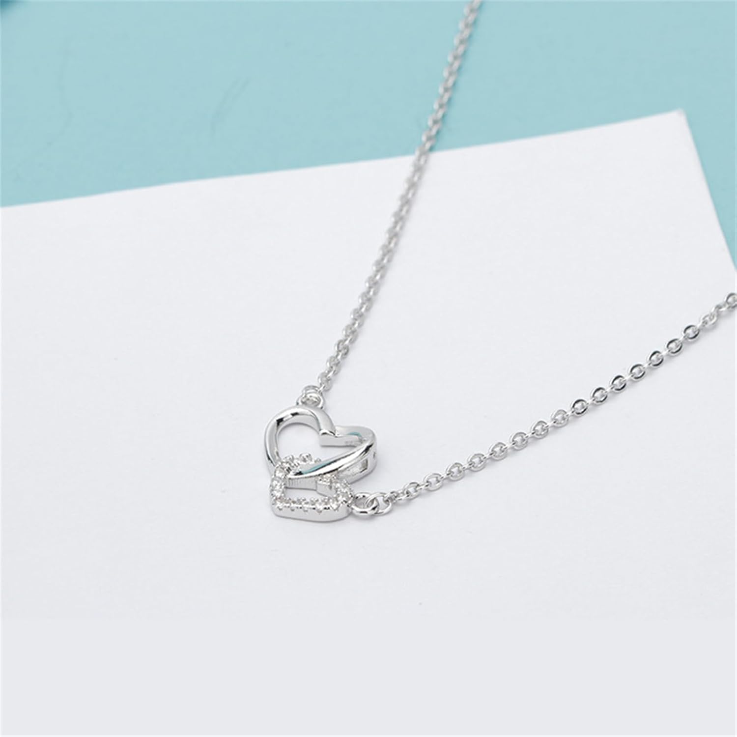 MALOYANVE Tiny Double Heart Necklace Dainty Cute Small Sterling Silver Cubic Zirconia Two Love Pendant Necklace Love Jewelry for women - Image 6