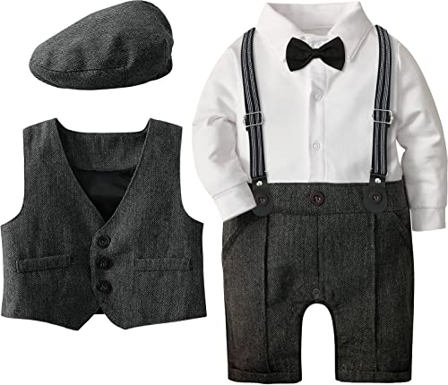 A&J DESIGN 4pcs Baby Boys Suit, 3 Months - 18 Months, Gentleman Romper & Vest & Berets Hat & Bow Tie