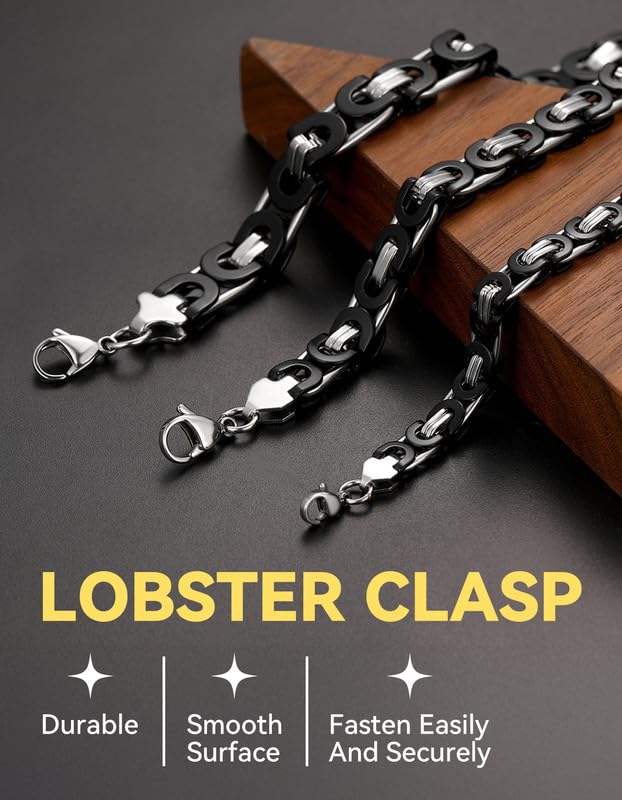 ChainsHouse Flat Byzantine Link Necklace for Men 6mm/8mm/10mm Width, 18K Gold Plated/Stainless Steel Black Byzantine Chain Necklaces, 18" 20" 22" 24" 26" 28" 30" Length, with Gift Box4