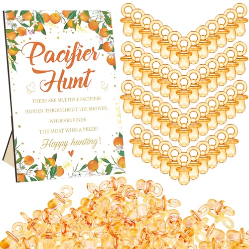 Image of Thyle 51Pcs Little Cutie Pacifier Hunt Baby Shower Games Include Orange Hunt Sign and 50 Acrylic Pacifiers a Little Cutie Is on The Way Theme Baby Shower Game Decoration for Gender Reveal Party Decor