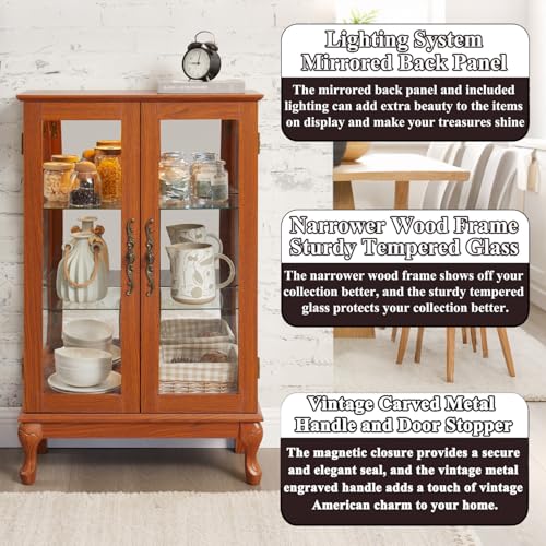Image of 43 inch H Lighted Wooden Curio Cabinet, Freestanding Glass Display Case with Tempered Glass Door, Adjustable Shelves and Mirrored Back Panel, Decorative Storage Cabinet for Living Room (Dark Oak)