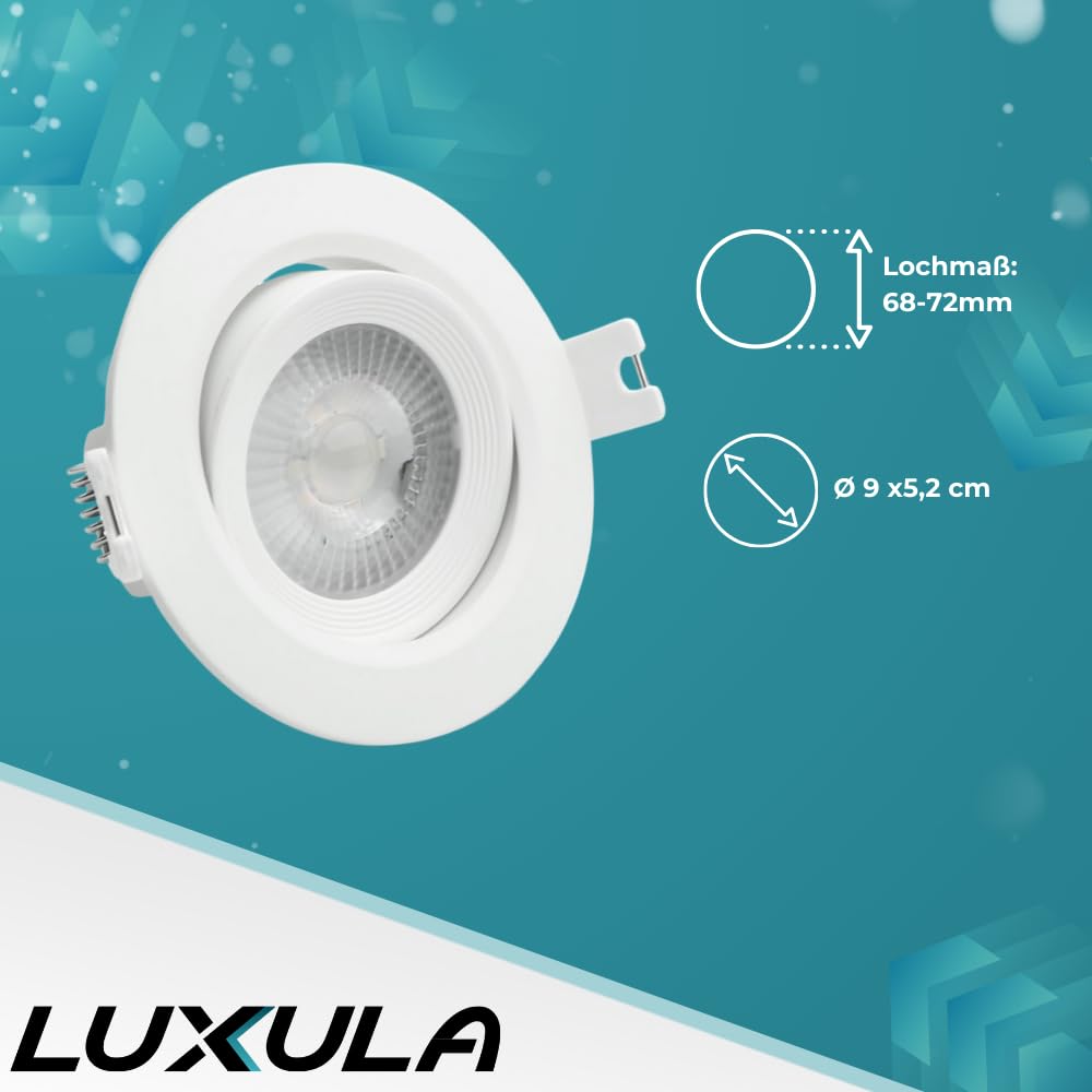 LUXULA 10er Set schwenkbarer LED Einbaustrahler 230V - Ø68-72mm - 7W 718lm - CCT Einbauleuchte Spot IP44 Badezimmer Küche - 3000K 4000K 6000K einstellbar - Warmweiß Neutralweiß Kaltweiß