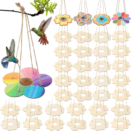 DoubleFill 48 Pack Bird Feeder Craft Kits for Kids Ages 3-8 Bird Feeder Craft Kits with Stainless Steel Bowls DIY Kids Crafts Wooden Art Painting Outdoor Bulk Toys for Children VBS Crafts