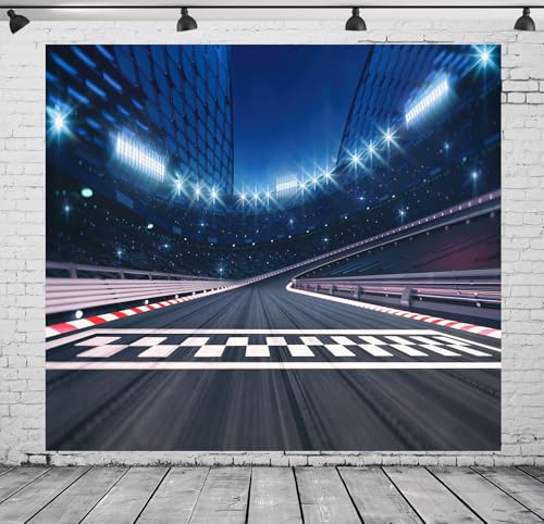 Loccor 8x8ft Fabric Finish Line Race Track Backdrop Racing Car Racetrack Backdrops for Photography Bleachers Motorsport Racing Sport Party Background Race Birthday Party Decorations Photo Props