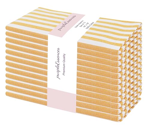 PurpleEssences Plain Striped Cloth Napkins - Set of 12-100% Cotton - 18 x 18 Inch - Spring Summer Easter - Perfect Everyday Use Dinner Napkin - Golden Yellow White