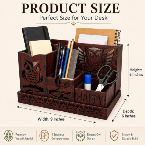 Image of Zesta Wooden Desk Organizer Pen Stand Remote Holder Card Slot | Table Accessory Office Desk Study Room | Pencil Storage Stand Stylish Workspace Decor (Rosewood, Owl Organiser)