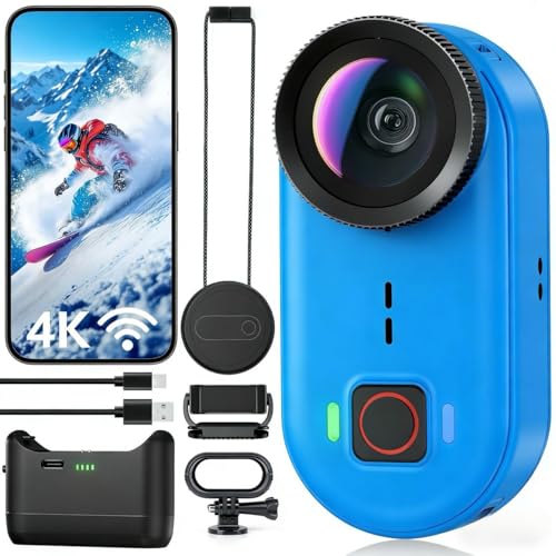 4K Mini Body Action Cameras POV Body Cam, 64GB Sports Camera with Audio Video Recording, Portable WiFi Magnetic Wearable Waterproof Thumb Camera for Motorcycle Vlogging Skiing Cycling Hiking-Blue