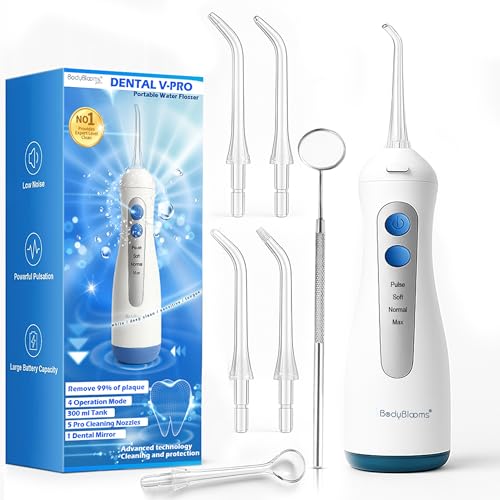 Irrigador dental portatil DENTAL V-PRO de 300 ml | irrigador bucal portatil USB-C Recargable para la limpieza dental | water flosser con 5 Boquillas + 1 espejo | Kit de limpieza bucal por agua presion