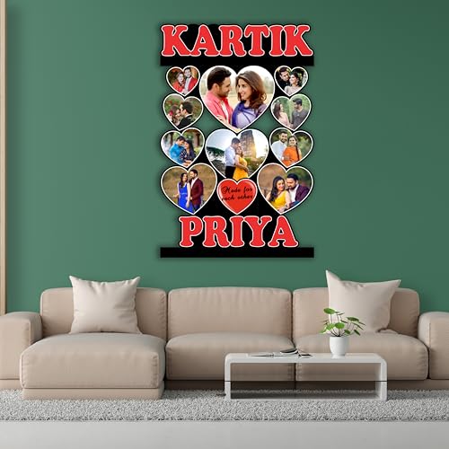 Image of Shrikant Art Personalized inchMade For Each Other inch Multi-Photo Collage Wall Hanging - Large 18x12 Inch Custom Name Wooden Frame with 10 Heart-Shaped Photo Slots for Couples