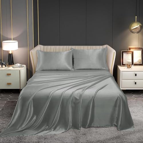 Image of Homestan Satin Bedsheet for King Size Bed with 2 Pillow Covers, Modern Bed Sheet for Romantic Nights(100x108 inches, Silver)