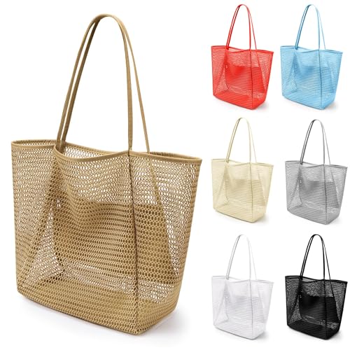 Image of VOROLO Mesh Tote Beach Bag,Women Fairycore Hobo Bag,Shoulder Bag,Soft Summer Casual Crochet Bags