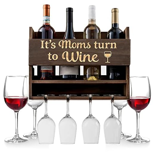 Bezrat Wall Mounted Wine Rack - 4 Wine Glasses Included - Wine Glasses & Bottle Gifts for Mom It's Moms Turn to Wine, are Funny Mom Gifts, Make Great Birthday Gifts for Mom