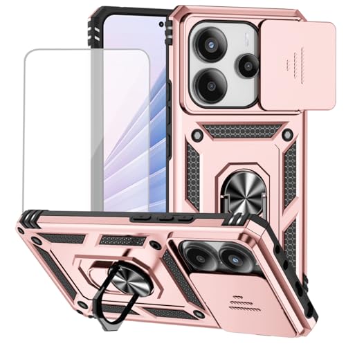 Yodueiv for Xiaomi Redmi Note 14 4G Case with Tempered Glass Screen Protector and Slide Camera Cover, Magnetic Ring Car Mount Holder Kickstand Protective Cover for Xiaomi Redmi Note 14 4G Rose Gold