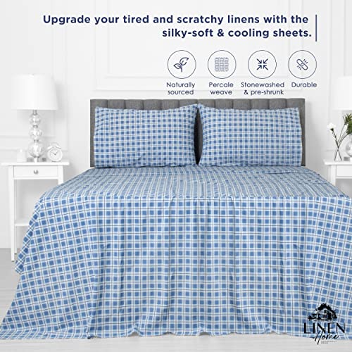 Image of Linen Home Cotton Lyocell Blend Percale Sheet Set Twin Size - 3 Piece Deep Pocket Bedding, Pre-Washed & Shrunk, Crisp Cooling Fabric, Fade-Resistant, Hotel Luxury, Wrinkle-Free - Checks Denim Blue