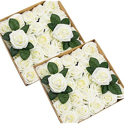 Foraineam 50pcs Artificial Roses Real Looking Foam Fake Rose Flowers with Stem & Leaves for DIY Wedding Bouquets Centerpieces Party Home Decorations (Ivory) Cover