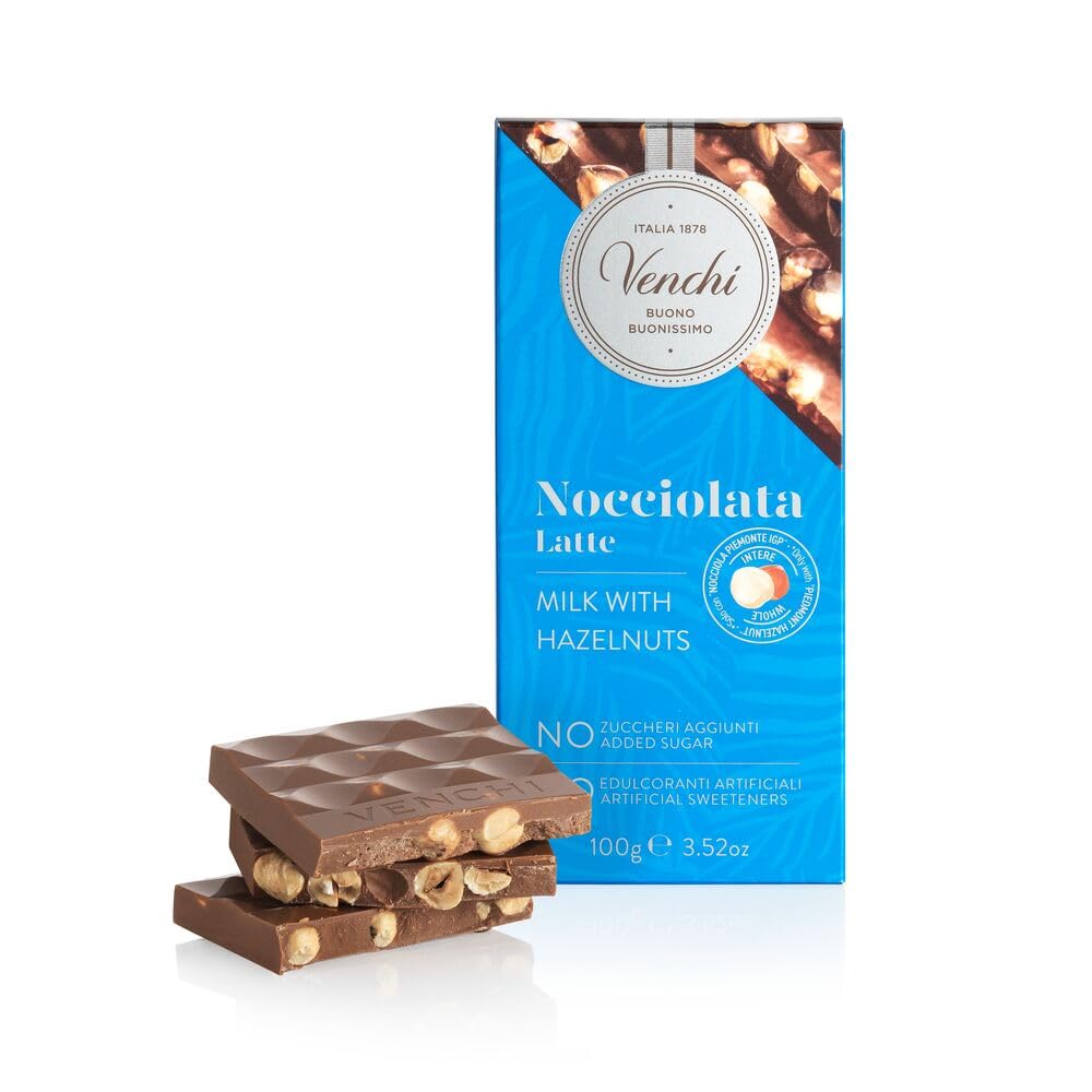 Venchi - NO Added Sugar Milk Hazelnut Bar, 100 g - NO Artificial Sweeteners - With Whole PGI Piedmont Hazelnut - Gluten Free