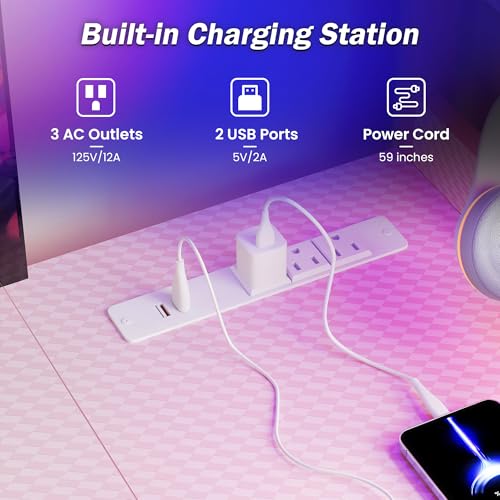 Image of YOUDENOVA 40 Inch Gaming Computer Desk with Led Lights, Small Desk with Storage Shelves and Drawers, Reversible Compact Gamer Table for Home Office, Carbon Fiber Pink