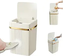 Lixeira Inteligente com Sensor Automático 18Litros de Aproximação – Abertura e Fechamento Automáticos para Cozinha, Banheiro e Escritório (Branco com borda dourada-bateria)