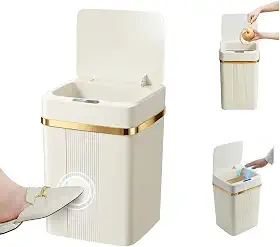 Lixeira Inteligente com Sensor Automático 18Litros de Aproximação – Abertura e Fechamento Automáticos para Cozinha, Banheiro e Escritório (Branco com borda dourada-bateria)