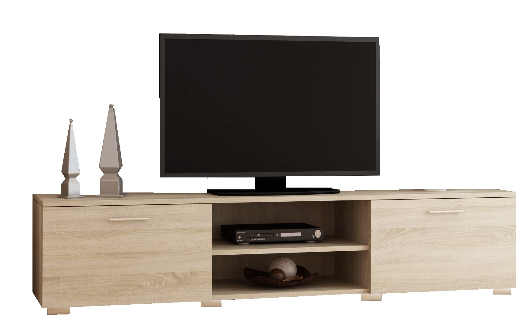 MATKAM Fernsehkommode Roma, H35 x B150 x T40 cm, EIN offenes Regalfach in der Mitte, Links und rechts Regale mit Türen (Sonoma Eiche)