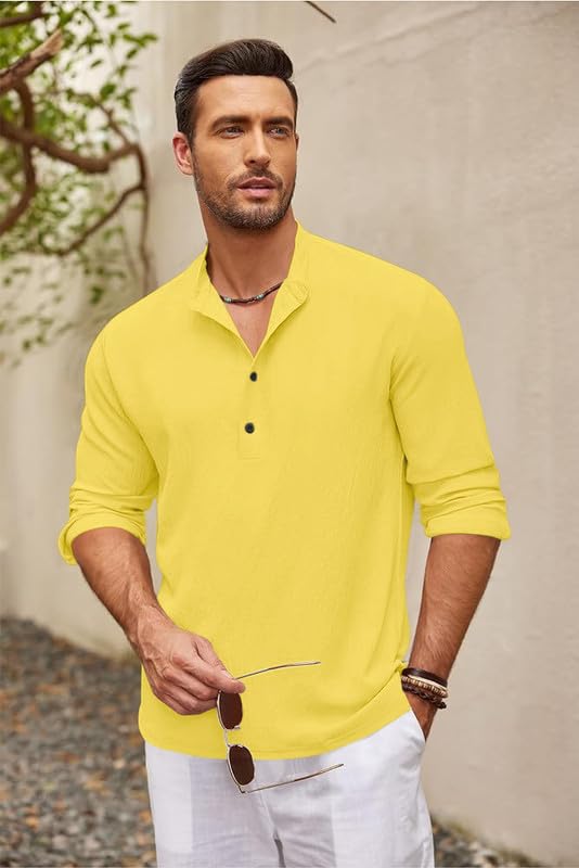 Image of Men's Cotton Blend Straight Kurta Shirt Combo with Mandarin Collar - Slim Fit Casual Short Kurti Set Featuring Textured Slub Fabric and Roll-Up Full Sleeves