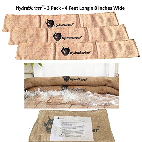 HydraSorber - Sandless Sandbags - Water Absorbent Flood Barrier - 4ft Long X 8in Wide - Three Pack